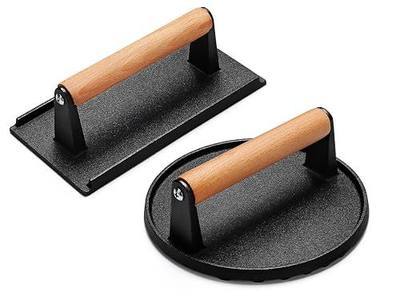 AIVIKI Burger Press, Smash Burger Press for Blackstone Griddle, Heavy Duty Cast Iron Round 6.9In & Rectangular 8.2x4.2In Bacon Grill Press with Wood Handle, Meat Steak Weight for Sandwich, Paninis