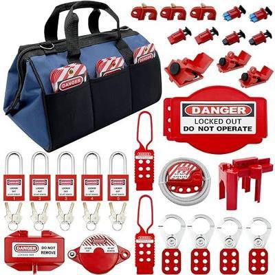 Lockout Tagout Kit - Clamp-On Circuit Breaker Lockout, Group Lockout Hasps, Lockout Tag, Universal Multi- Pole Breaker with Pocket Bag (Blue Bag kit)