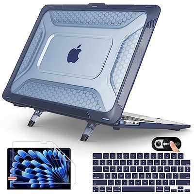 Mektron Shockproof Case for MacBook Air 15 inch 2025/2024/2023 with M4/M3/M2 Chip Model A3241/A2941/ A3114, 15.3” Heavy Duty Protective Hard Shell Cover with Fold Kickstand with Keyboard Skin, C-Navy