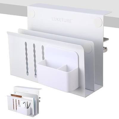 LUKETURE Desk Side Storage, 2 Tier Under Desk Laptop Mount with Pen Slot | Sturdy Steel Double Tier Strong, Magnetic Pen Holder, No Drill Clamp for Standing Desk Organizer, Fits 0.3-2.8" (White)
