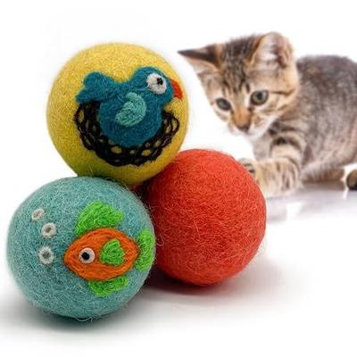 Hustle & Blush Love Ewe Wool Cat Toys Ball 3 Pack, 2-inch Fish and Bird | 100% New Zealand Wools, Handmade Felt Design, Interactive Play, Chasing & Pouncing, Felted Kitten Toys for Indoor Kittens