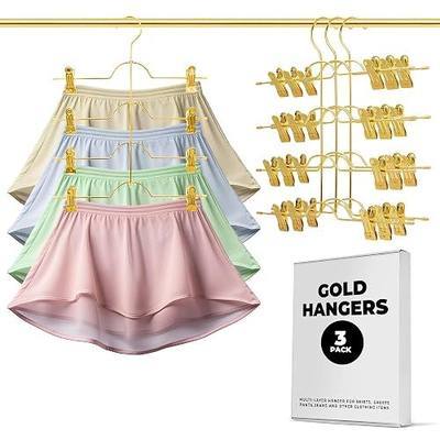 3 Pack Gold Skirt Hanger with Silicone Capped Clips, Adjustable Skirt Hangers for Women with Rotatable Hook, Anti-Slip Rubber Clips, Shorts Hangers & Pants Organizer for Closet, Leggings Hanger