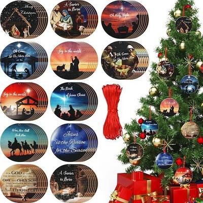 Soaoo 72 Pieces Nativity Scene Christmas Ornament Wooden Jesus Nativity Ornament Christian Religious Christmas Decorations with Red Ropes for Xmas Tree Party Decoration (Classic Style)