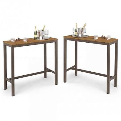 Cozyman Outdoor Bar Table Set of 2, 38" Patio Bar Height Counter Table, Weather Resistant, Waterproof HDPS Slatted Top Console Table for Hot Tub, Balcony, Yard, Indoor or Outdoor Use, Teak