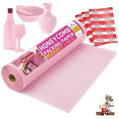 Pink Honeycomb Packing Paper for Moving 15-Inch x 118-Feet Bubble Honeycomb Wrap, Honeycomb Wrapping Paper for Packing Cushion with 30 Fragile Stickers Packing Supplies by Xfasten