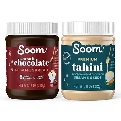 Soom Foods Tahini Two Flavor Sampler: (1) Premium Sesame Tahini 11oz and (1) Dark Chocolate Sea Salt Tahini 12oz | Silky Smooth Texture in Hummus, Dips, Baked Goods | Vegan, Nut-Free, Gluten-Free