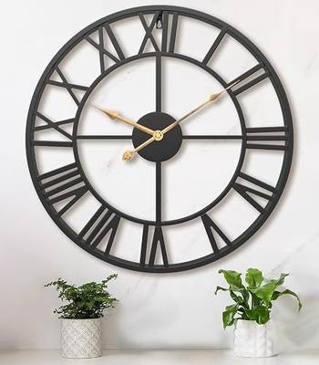 Pytha Sight 24 Inch Roman Numerals Large Wall Clocks for Living Room Decor | 24 Inch Black Large Metal Modern Decorative Oversized Round Wall Clock with Vintage Gold Hands for Dining Room,Entryway Decor