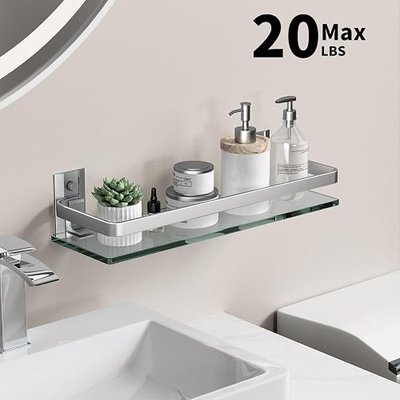 Danpoo Clear Tempered Glass Wall Shelf, Wall-Mounted Organizer for Bathroom, Kitchen(Matte Silver)