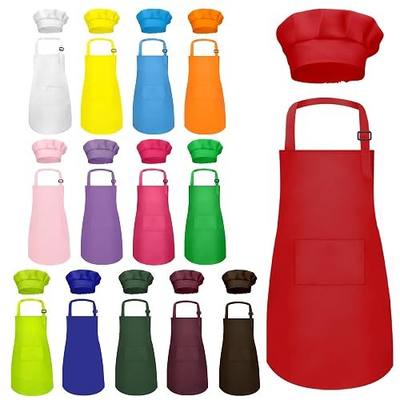 Kids Apron and Chef Hat Set Bulk Children’s Bib with 2 Pockets Adjustable for Boys Girl's Cooking Baking Painting for Age 6-13 Years