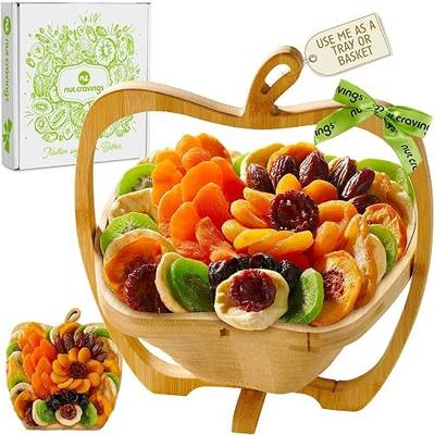 NUT CRAVINGS - Dried Fruit Flower Bouquet Arrangement in Wooden Apple-Shaped Gift Basket + Tray (9 Assortment) Healthy Snack Care Package
