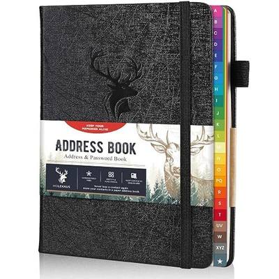 Molekaus Address Book with Alphabetical Tabs, Hardcover, 5''x7.6'' Black | Large Print for Seniors, Dedicated Website Password Space, Built-in Back Pocket
