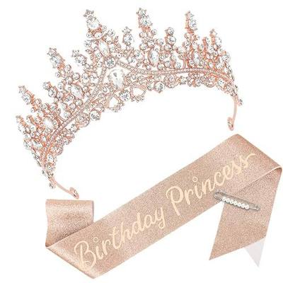 CAVETEE Birthday Princess Crown and Sash, Birthday Crown with Glitter Sash for Princess Party Decorations Happy Birthday Accessories for Women