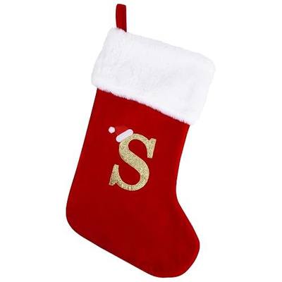 20 Inches Monogram Christmas Stockings with Letters, Large Super Soft Christmas Stockings Red Velvet with White Super Soft Plush Cuff for Christmas Xmas Tree Holiday Fireplace (S)
