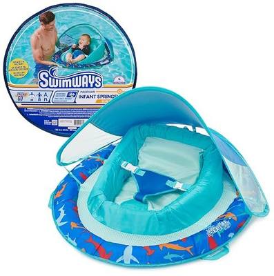 SwimWays Infant Spring Float with Canopy for Kids 3-9 Months | Patented Inner Spring Enhances Balance; Fast Inflation and Carry Bag Included for Easy Travel; Protective Removable Canopy
