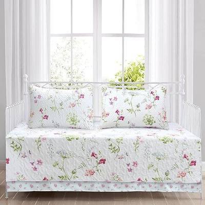 Cozy Line 4 Piece Daybed Cover Set - Carlotta Light Pink Blue Flower Bloom Floral Garden Reversible All Season Luxury Bedding with Bedskirt, Pillow Shams