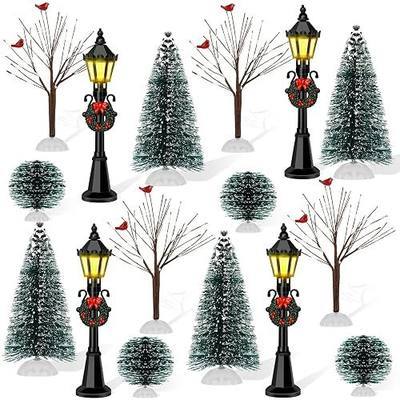16 PCS Christmas Figurine Village Accessories, Mini Street Light Models | with Brush Trees, Miniature Christmas Pathway Street Lamps Lantern Post for DIY Micro Landscape Fairy Garden