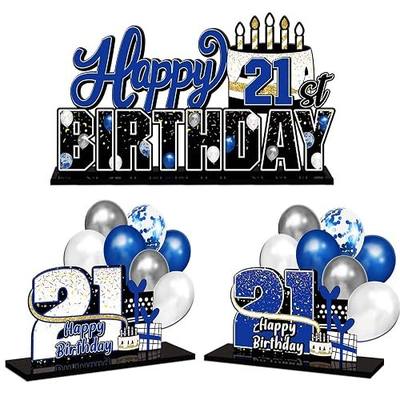 LINGTEER Happy 21st Birthday Blue Acrylic Table Topper Centerpieces Set - Cheers to 21 Years Old Birthday 21st Bday Party Gift Decorations.