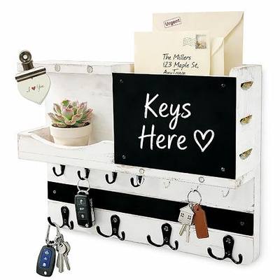 Key Holder for Wall Mount with Shelf and Mail Organizer, Key and Mail Holder with 16 Hooks, Farmhouse Entryway Organizer, Home Decor Rack (Pine Wood, White Washed)