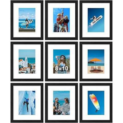 Vittanly 8x10 Picture Frames Set of 9, Shatter Resistant Plexiglass, Display 5x7 Pictures with Mat or 8x10 without Mat, Photo Frames for Wall or Tabletop, Engineered Wood, Black