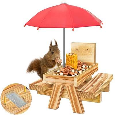 Carbonized Wood Squirrel Feeder with Red Umbrella, Squirrel Feeders for Outside Funny squrrill Picnic Table with Solid Structure Waterproof Chipmunk Feeder with Corn Cob Holder