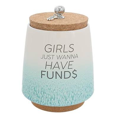 Pavilion 'Girls Just Wanna Have Funds' 6.5-Inch Ombre Teal Money Ceramic Jar with Cork Lid & Base for Girls - Unique Decorative Coin Bank, Savings, & Fund Jar - Home Decor or Present for Birthdays