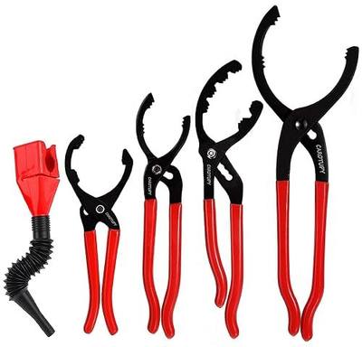 5Pcs Adjustable Oil Filter Pliers Set, Universal Oil Filter Removal Tool with Small Oil Funnel, 10" & 12" & 14" & 16" Oil Fliter Wrench From 1-1/4" to 8-1/2"
