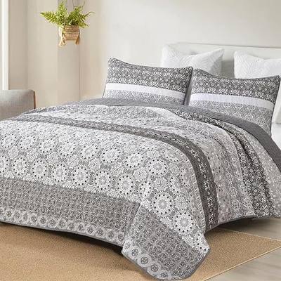 WONGS BEDDING Grey Boho Quilt Queen Set,Bohemian Floral Striped Patchwork Bedspread Coverlet Set with 2 Pillowcases,Lightweight Microfiber Bohemian Bedding Set Queen 96/inch×90/inch