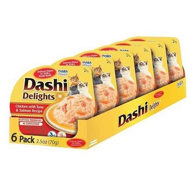 INABA Dashi Delights Lickable Cat Treats, Chicken Tuna Salmon, 6ct | Immune support, Antioxidant support, 88% moisture, Shredded chicken, Dashi broth side dish, Grain-free, 6 x 2.5 oz cups