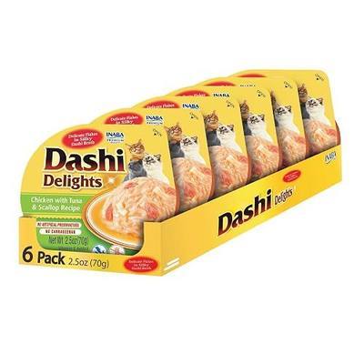 INABA Dashi Delights Lickable Cat Treats, Chicken Tuna Scallop, 6ct | Immune support, Antioxidant support, 88% moisture, Shredded chicken, Dashi broth side dish, Grain-free, 6 x 2.5 oz cups