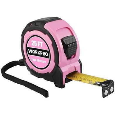 WORKPRO 25FT Pink Tape Measure, 1/8 Fractions Easy Read Measuring Tape | Retractable Nylon Coating Measurement Tape Accuracy 1/32, Magnetic Hook, Belt Clip, Rubber Protective Casing - Pink Ribbon