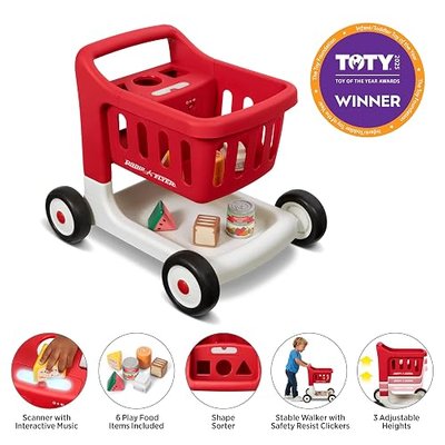 Radio Flyer Scan & Sort Shopping Cart, for Kids 1+, Red, for Indoor Play | Interactive Baby Walker with Lights & Adjustable Sound, Includes 6 Play Food Items, Adjustable Height Baby Push Walker