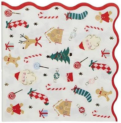 Meri Meri Christmas Paper Napkins (Pack of 16), Square Christmas Napkins Disposable, Thick & Absorbent 3-Ply Paper, Wavy Border