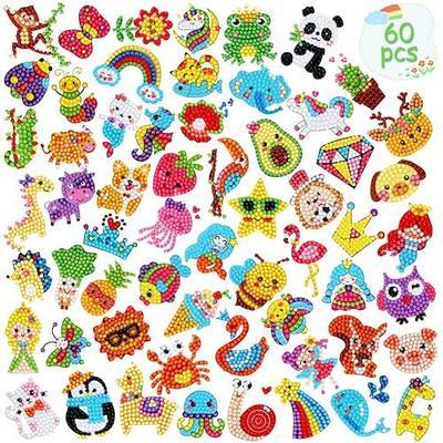 60pcs 5D Diamond Art Stickers Arts and Crafts Kits for Kids Ages 4-8 8-12 | Creative Gem Art Paint by Number Kits for Kids Boys Girls DIY Mosaic Stickers Toys for Birthday Party Halloween Xmas Gifts