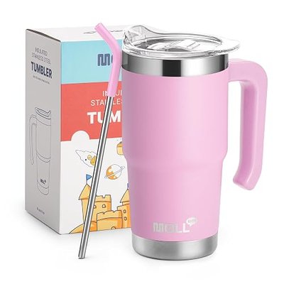 Kids Insulated Tumbler with Handle 16 oz Stainless Steel Double Wall Vacuum Tumbler Cups Travel Coffee Mug with Lid and Straw (Purple Pink)