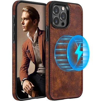 LOHASIC for iPhone 15 Pro Max Leather Case Compatible with Magsafe, Slim Luxury PU Non-Slip Grip Rugged Bumper Shockproof Full Body Protective Cover Phone Cases for iPhone 15 Pro Max 6.7 inch - Brown
