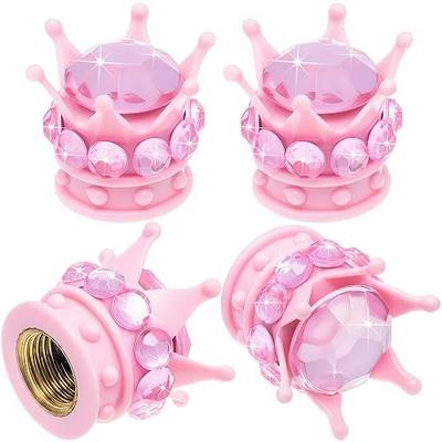 4PCS Crown Bling Tire Stem Valve Caps, Crystal Diamond Car Wheel Tire Valve Caps Universal Copper Core Stem Covers for Cars, SUV, Trucks, Bikes, Motorcycles, Bicycles (Pink)