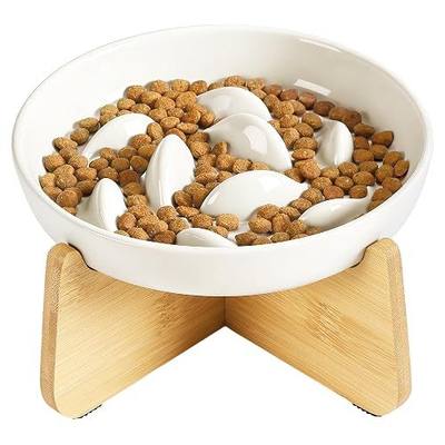 PETTOM Slow Feeder Cat Bowl with Stand, Ceramic Slow Eating Cat Bowl with Higher Edges Fish Pool Design Elevated Food Bowls for Dry and Wet Food Anti-Vomiting Puzzle Feeder for Healthy Eating Diet