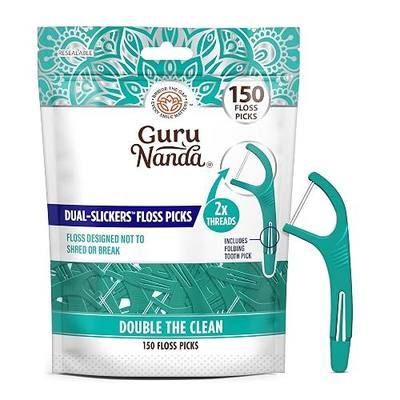 GuruNanda Dual Slickers Floss Picks - Double Threaded Dyneema Dental Floss with Foldable Toothpick for Effective Plaque Removal - Unflavored- 150 Ct
