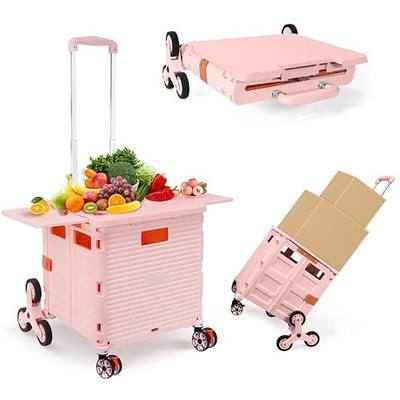 Foldable Utility Cart with Stair Climbing Wheels,Collapsible Rolling Crate with Magnetic Lid Telescopic Cover,Telescoping Handle,360° Rotate Wheel Hand Cart for Teacher Shopping Moving Grocery(Pink)