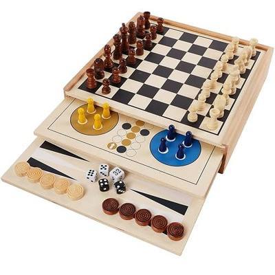 Juegoal 7-in-1 Wooden Board Game Set for Kids Adults, Tabletop Combo Classic Travel Portable Board Games (Chess, Checkers, Chinese Checkers, Backgammon, Parcheesi, Snakes and Ladders, Tic Tac Toe)