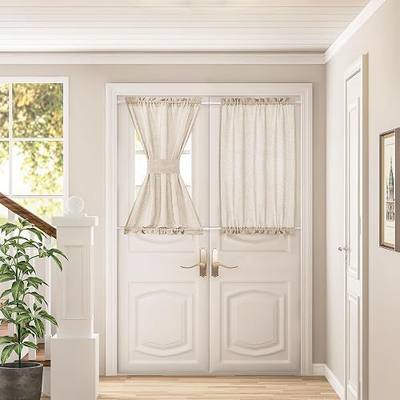 Linen Beige Sheer Curtains for Kitchen Window Bathroom French Door Curtains 2 Panels Dual Rod Pocket Semi Sheer Drapes for Glass Door with Tieback Privacy Light Filtering W25xL40