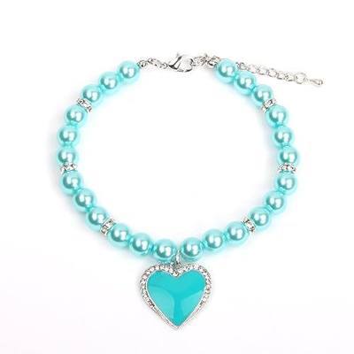Dog Cat Pearls Necklace Collar with Rhinestones Heart Charm Pendant Pet Puppy Jewelry (Large, Blue)