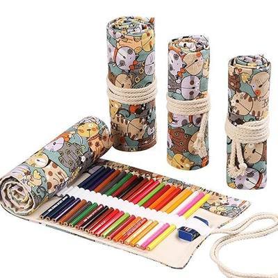 DIYOMR 24/36/72 Slots Pencil Wrap Pencil Rolls, Artist Colored Pencils Roll Up Bag Short Brushes Pouch Case Pencils Organizer for Drawing Coloring and Sketching, NO PENCILS (Cuddly Cat, 72slots)