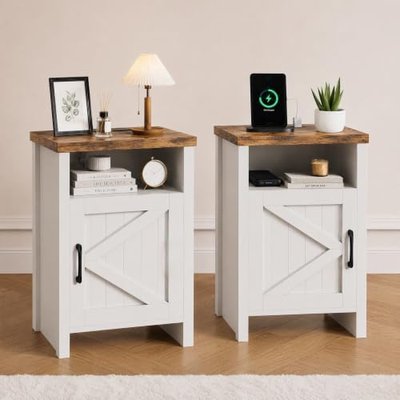 oneinmil Farmhouse Nightstand with Charging Station, Couch Side Table Set of 2, Bedside Table with Storage Space, End Tables with Barn Door, Bed Side Tables for Living Room and Bedroom, Rustic Brown