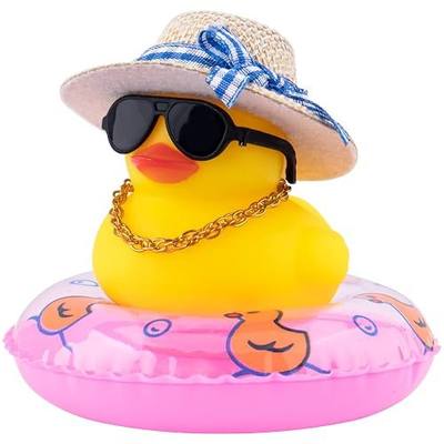 wonuu Car Rubber Duck Car Duck Decoration Dashboard Car Ornament for Car Dashboard Decoration Accessories with Mini Sun Hat Swim Ring Necklace and Sunglasses, A-Blue Straw Hat&Pink