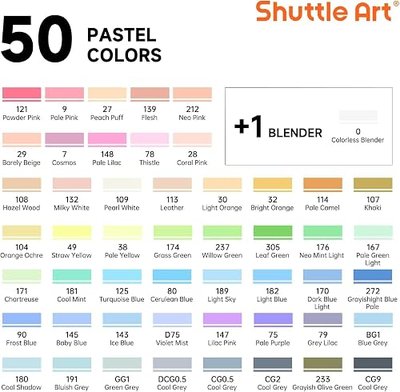 Shuttle Art Pastel Alcohol Markers Brush tip, Dual Tip Brush & Chisel Tip Art Marker Set, 50 Colors plus 1 Blender Marker Pens with Case Perfect for Illustration Students Adults Coloring Sketching