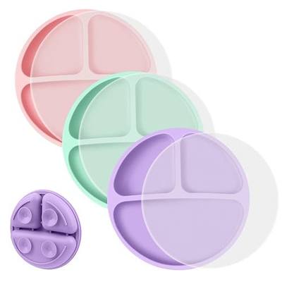 Vicloon Toddler Plates, 3 Pcs Silicone Baby Plates, BPA Free Suction Plates with Lids for Babies and Toddlers, Suction Plate Feature, Divided Plate Design,Toddler Plate Microwave&Dishwasher Safe