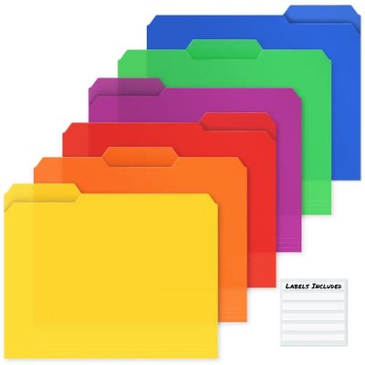 Dunwell Plastic Colored File Folders (6 Pack), 1/3 Tab File Folders for 8.5x11 Letter Size Documents, Assorted Pastel Colors, Acid-Free Poly for Long Term Storage, Includes Labels