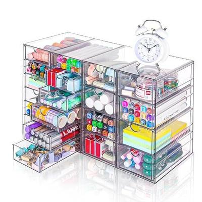 VZKAH Clear Acrylic Desk Organizer with 20 Drawers, 4 Modular Units | 4-piece clear drawer set for office supplies, crafts, makeup, and small daily items on desks, vanities, counters