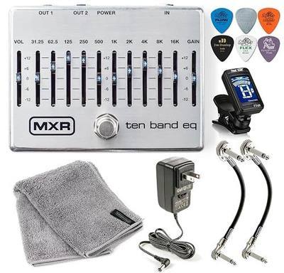 MXR M108S Ten Band EQ Dual Output True Bypass Effects Pedal 10-BAND Equalizer w/Tonebird ECB004, Patch Cable, Picks, Polishing Cloth Bundle